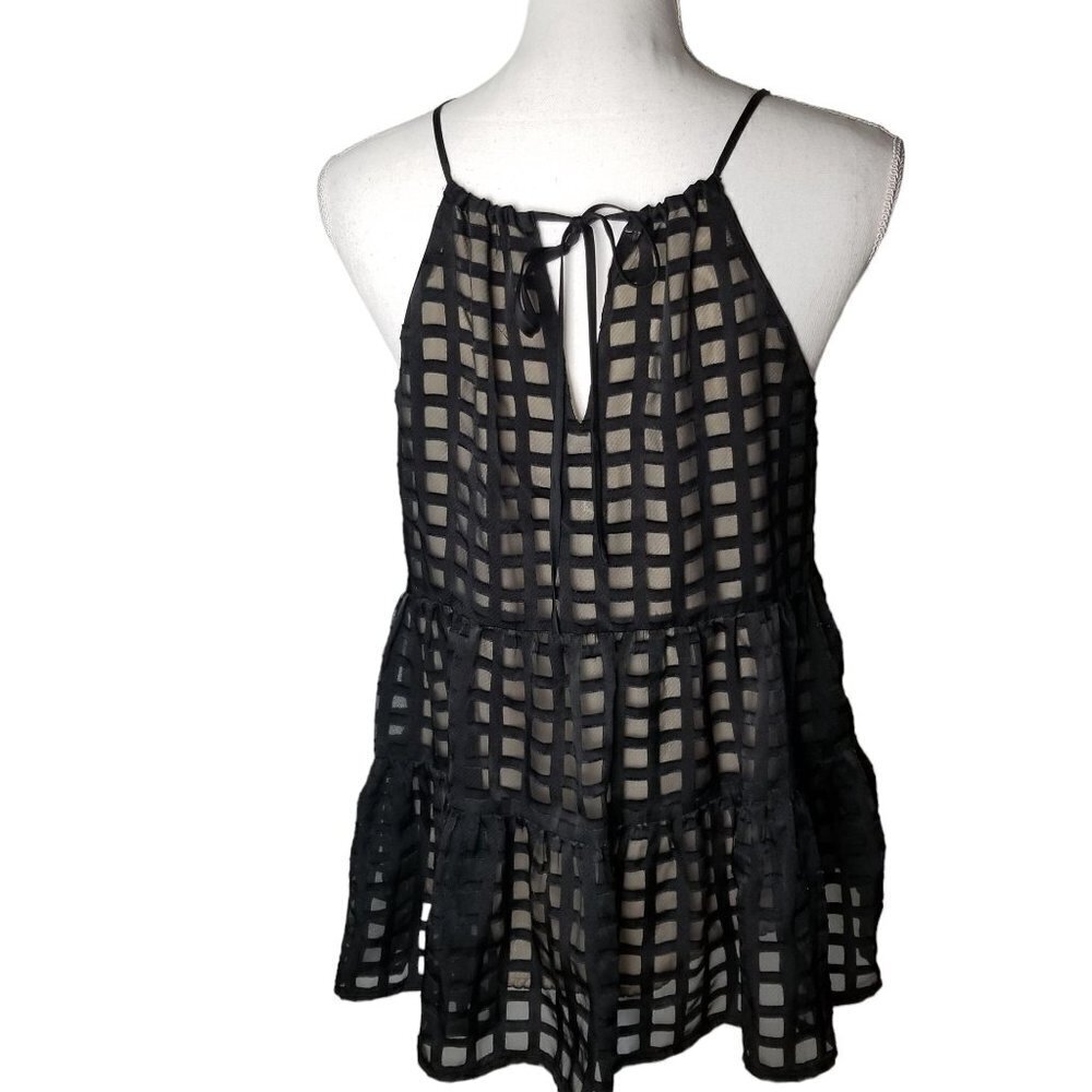 HD in Paris Tiered Blouse‎ Womens Small Black Window Pane Spaghetti Straps Lined